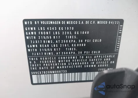 2022 Volkswagen Taos 1.5T S z USA, uszkodzony, nr VIN 3VVCX7B20NM066733